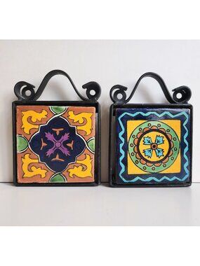 Lot of 2 Cast Iron Framed Talavera Tile Coasters Trivets Wall Art